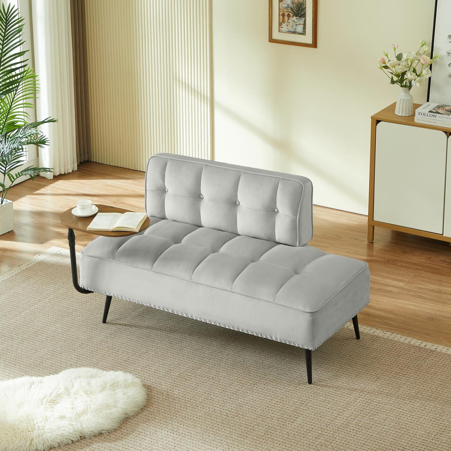 Modern Two-Seater Velvet Sofa with 360° Rotating Side Table, Entryway Ottoman Bench with Backrest for Living Room, Bedroom, Apartment, Space Saver, Gray