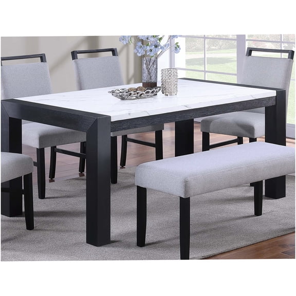 Modern Two-Tone Dining Table with Faux Marble Top & Charcoal Wood Legs, 6-Seater Rectangular Dining Table for Contemporary Dining Room