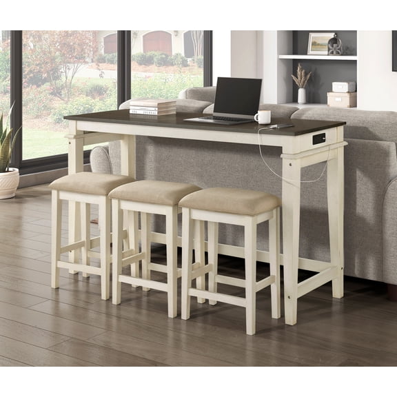 Modern Two-Tone Finish 4pc Counter Height Dining Table Set USB Power Outlets Kitchen Nook Upholstered Stools Living Area Furniture
