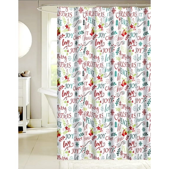 Modern Typography Christmas Shower Curtain: Peace Love Joy Let It Snow Merry Christmas Cheer Words, Fabric with Metallic Threads That Create Shimmer Effect