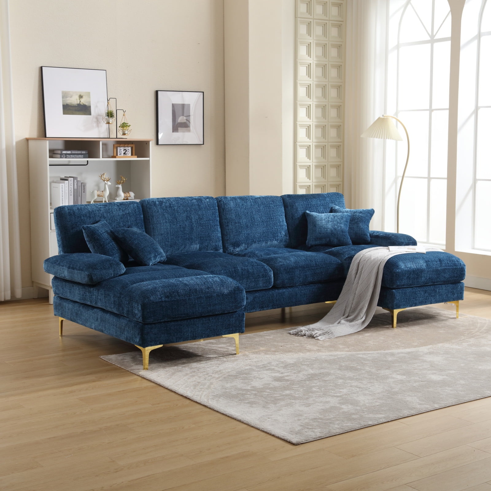 Modern U Shape Sectional Sofa 4 Seat Double Extra Wide Chaise Lounge Sofa Couch with 4 pillows in Chenille Sofa Sleeper Comfy Upholstered Furniture for Living Room Apartment Studio Gray Walmart