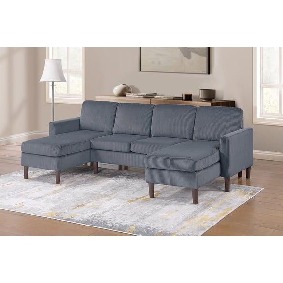 Modern U-Shaped 3pc Sectional Set Dark Gray Corduroy Dual Chaises And Armless Loveseat Living Room Tapered Legs Couch