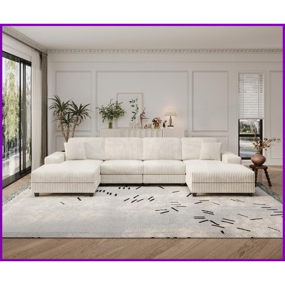 Modern U-Shaped 4-Seat Corduroy Sofa with Storage Armrests – Living Room Essential