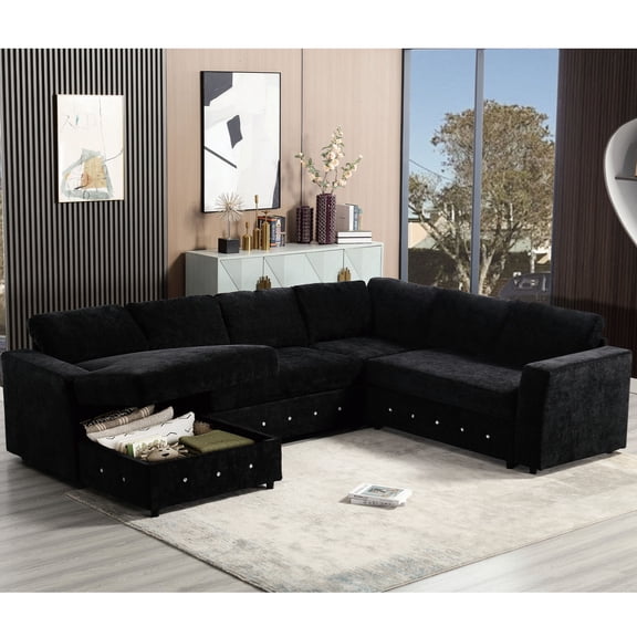 Modern U-Shaped Chenille Sofa with Storage and Buttons / Keep Space Tidy and Attractive