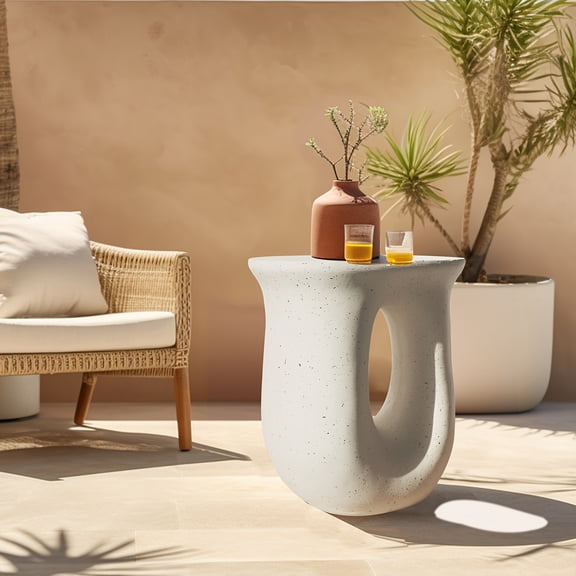 Modern U-Shaped Concrete Accent Table with Minimalist White Finish  Space-Saving Side Table for Indoor/Outdoor Use. Durable & Versatile. Ideal for Living Room, Patio, Bedside, Balcony