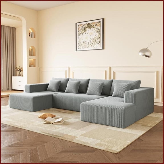 Modern U-Shaped Corduroy Sectional Sofa – 138" Wide with Plush Cushions for Spacious Living Rooms