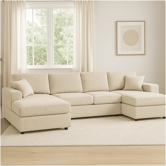Modern U-Shaped Cream Corduroy Sectional Sofa with Double Chaise and Removable Cushions
