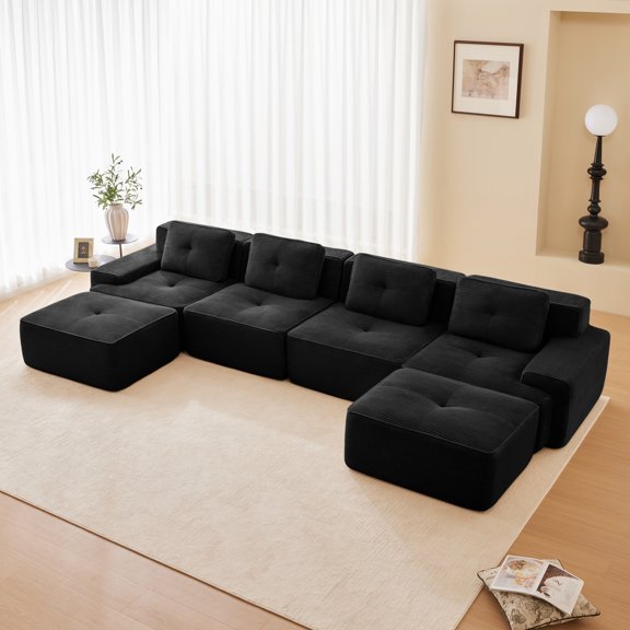 Modern U-Shaped Modular Sectional Sofa with Corduroy Fabric, 4-Seater Deep Seat Couch, 2 Movable Ottomans, Tufted Design, No Assembly Required, Anti-Slip Base for Living Room, Black