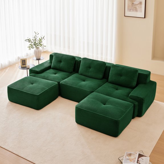 Modern U Shaped Modular Sectional Sofa for Living Room with Movable Ottoman, Deep Seat 3 Seater Corduroy Couch in Green, Tufted Design No Assembly Required