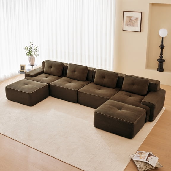 Modern U Shaped Modular Sectional Sofa for Living Room, Corduroy Fabric 4 Seater Couch with Deep Seat and 2 Movable Ottomans, Tufted Design Brown