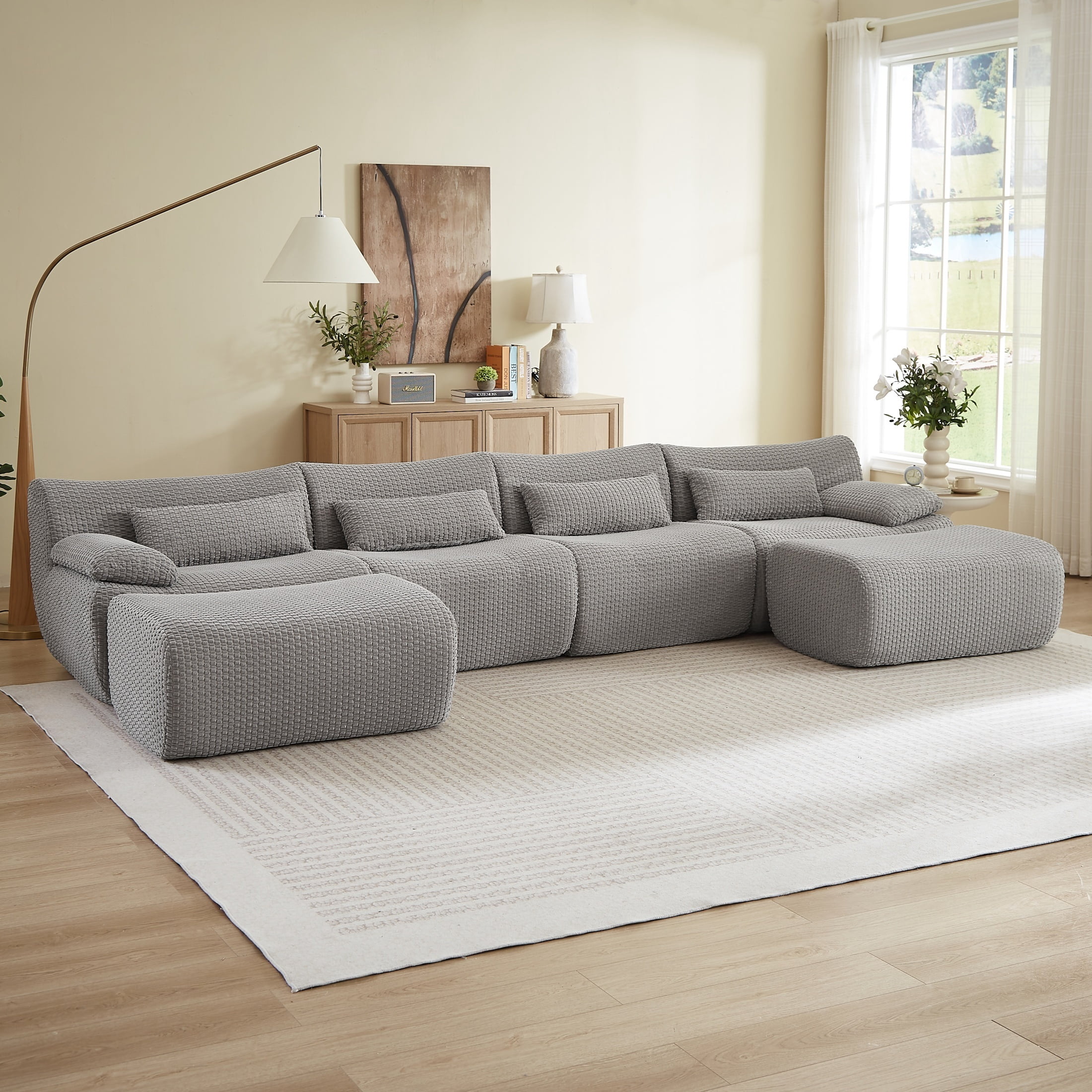 Modern U-Shaped No Assembly Floor 4-Seater Sectional Sofa, Cloud-Like Boneless Upholstered Couch with 2 Ottomans, Living Room Modular Sofa Set