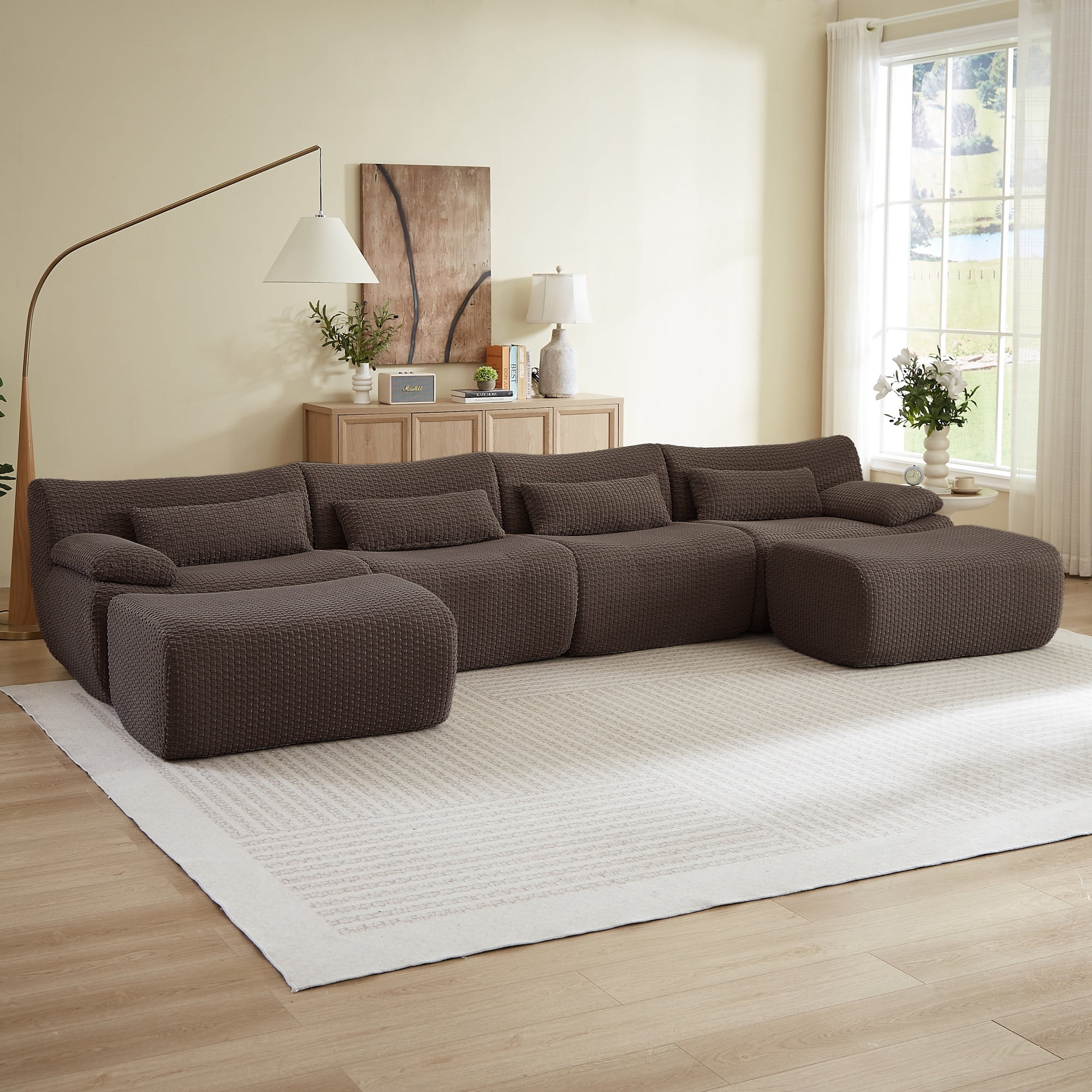 Modern U-Shaped No Assembly Floor 4-Seater Sectional Sofa, Cloud-Like Boneless Upholstered Couch with 2 Ottomans, Living Room Modular Sofa Set