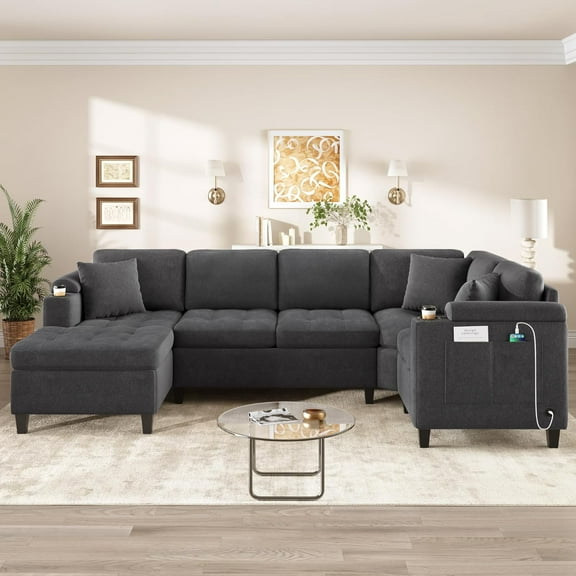 Modern U-Shaped Sectional Sofa 115.7" Corner Sectional Living Room Couch Oversized Sectional with with Built-in Cup Holders, Storage Space and USB Ports for Living Room