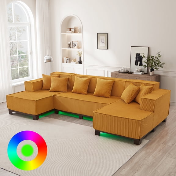 Modern U-Shaped Sectional Sofa 130" Sectional Sofa Upholstered Sofa with RGB LED Light Strip and 6 Pillows for Living Room, Orange