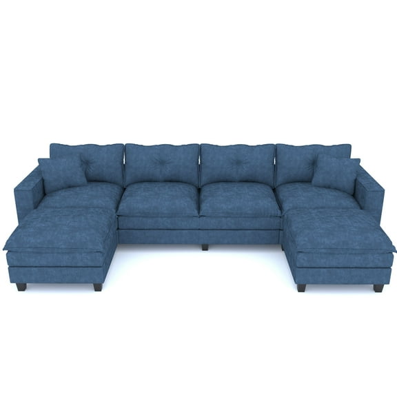 Modern U Shaped Sectional Sofa, 6 Seaters Chenille Upholstered Modular Couch With Movable Ottomans For Living Room Office