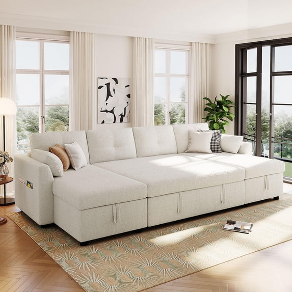 Modern U-Shaped Sectional Sofa Bed with Storage, USB Ports, Teddy Fabric Upholstery, Curved Armrests, Dual Chaise Lounges, 107" Beige Sleeper Couch for Living Room