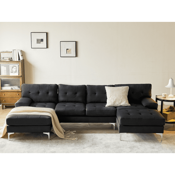 Casa Pura Furniture Modern U-Shaped Sectional Sofa with Chaise, Faux Leather Sofa Couch with Tufted Cushions and Metal Legs, Comfortable 4-Seater Couch for Living Room Black