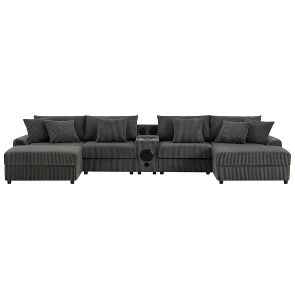 Modern U Shaped Sectional Sofa With Storage Console, Corduroy Upholstered Modular Couch With Bluetooth Speaker Cup Holders and Wireless Charger