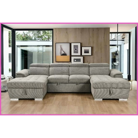 Modern U-Shaped Sleeper Sofa with Pull-Out Bed - 121-Inch Oversized Sectional with Double Storage Chaise for Living Room, Light Gray