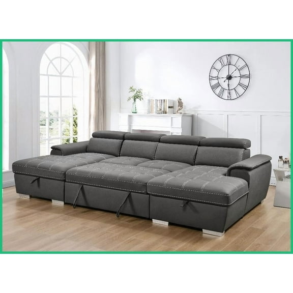 Modern U-Shaped Sleeper Sofa with Pull-Out Bed - 121" Oversized Sectional with Double Storage Chaise for Living Room, Charcoal Grey