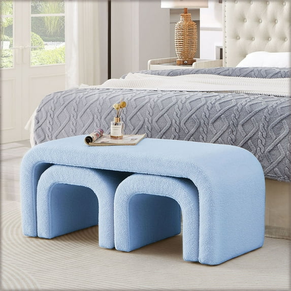 Modern U-Shaped Teddy Ottoman Set of 3 with Soft Beige Canvas 44 " and 18 " Stools Perfect for Living Room Footrest or Entryway