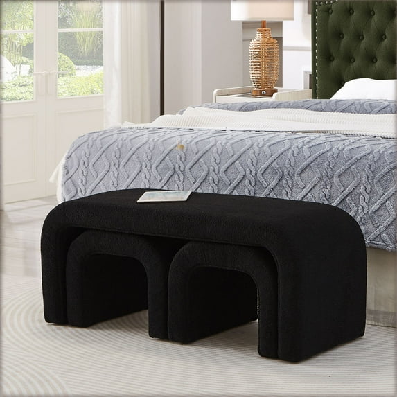 Modern U-Shaped Teddy Ottoman Set of 3 with Soft Beige Canvas 44 " and 18 " Stools Perfect for Living Room Footrest or Entryway