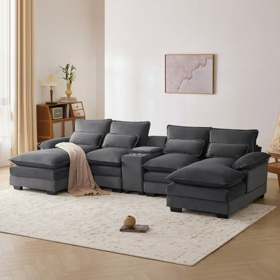 Modern U-shaped Sofa with Console & USB|6-seat for Living Room
