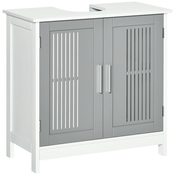 Modern Under Sink Cabinet, 2-Door Bathroom Storage & Vanity, Adjustable Shelves, Gray & White