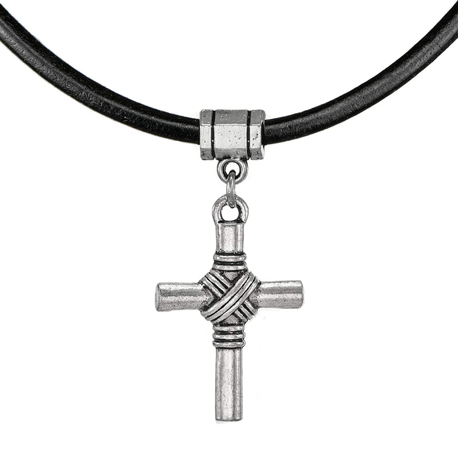 Modern Unisex Pewter Cross & Black Greek Leather Cord Necklace 20 inch