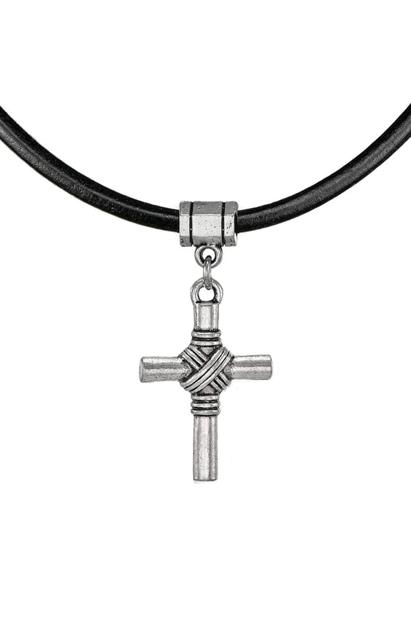 Modern Unisex Pewter Cross & Black Greek Leather Cord Necklace 20 inch
