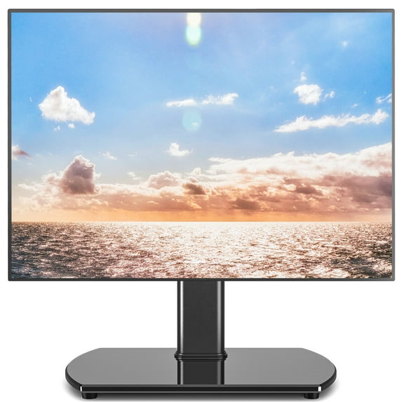 RTVR Modern Universal Tabletop TV Stand for 27-60 inch Screens, Black Swivel TV Mount Glass Base