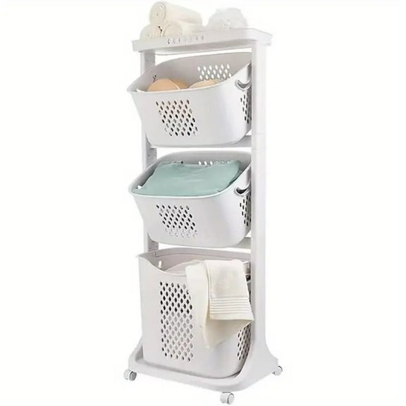 Modern Upgraded 3-Tier Rolling Laundry Basket Large Capacity Divided Movable Laundry Hamper Home Storage Organizer for Laundry Room Bathroom Decor Accessories Clothes Sorting and Storage