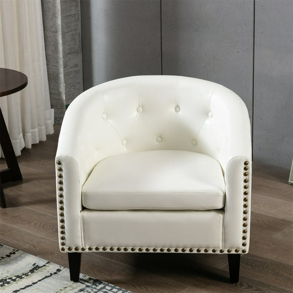 Modern Upholstered Accent Chair, Barrel Tub Armchair Club Chair for Living Room, Tufted Button PU Leather Sofa Office Chair with Solid Wood Legs and Nailhead for Guest Room, White