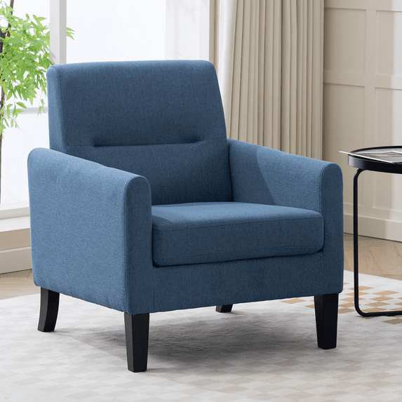 Modern Upholstered Accent Chair, Mid Century Cozy Fabric Armchair with Button Tufted Back and Wood Legs, Comfy Reading Chair for Bedroom, Living Room, Office, or Cafe (Blue)