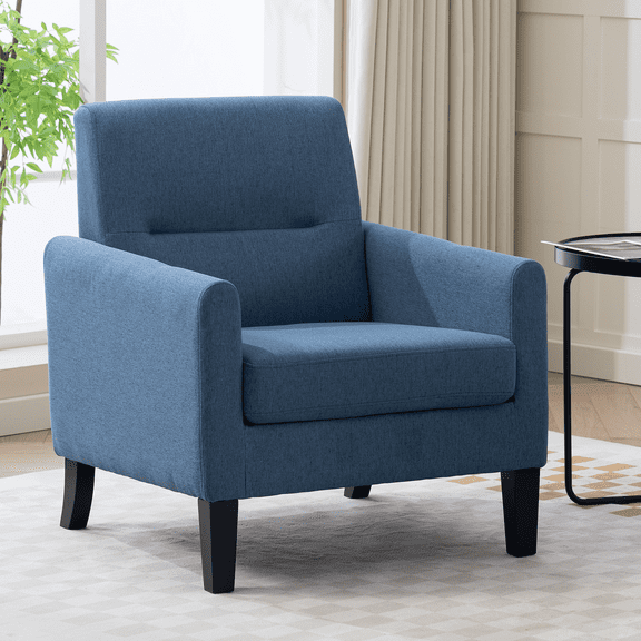 Modern Upholstered Accent Chair, Mid Century Cozy Fabric Armchair with Button Tufted Back and Wood Legs, Comfy Reading Chair for Bedroom, Living Room, Office, or Cafe (Blue)