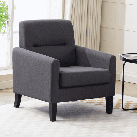 Modern Upholstered Accent Chair, Mid Century Cozy Fabric Armchair with Button Tufted Back and Wood Legs, Comfy Reading Chair for Bedroom, Living Room, Office, or Cafe (Dark Grey)