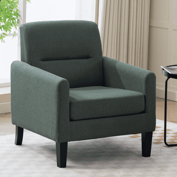 Modern Upholstered Accent Chair, Mid Century Cozy Fabric Armchair with Button Tufted Back and Wood Legs, Comfy Reading Chair for Bedroom, Living Room, Office, or Cafe (Green)