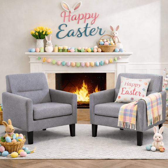 Modern Upholstered Accent Chair Set of 2, Mid Century Cozy Fabric Armchair with Button Tufted Back and Wood Legs, Comfy Reading Chair for Bedroom, Living Room, Office, or Cafe (Light Grey)