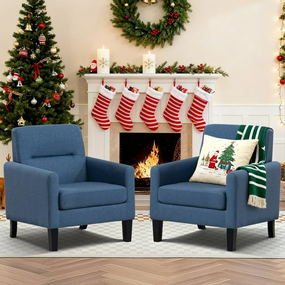 Modern Upholstered Accent Chair Set of 2, Mid Century Cozy Fabric Armchair with Button Tufted Back and Wood Legs, Comfy Reading Chair for Bedroom, Living Room, Office, or Cafe (Blue)