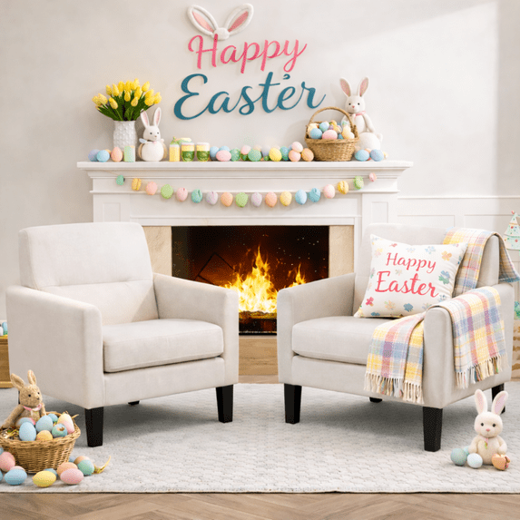 Modern Upholstered Accent Chair Set of 2, Mid Century Cozy Fabric Armchair with Button Tufted Back and Wood Legs, Comfy Reading Chair for Bedroom, Living Room, Office, or Cafe (Beige)