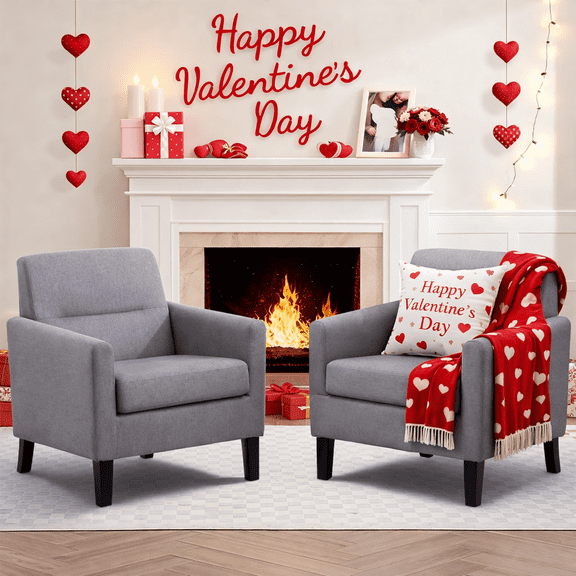 Modern Upholstered Accent Chair Set of 2, Mid Century Cozy Fabric Armchair with Button Tufted Back and Wood Legs, Comfy Reading Chair for Bedroom, Living Room, Office, or Cafe (Light Grey)