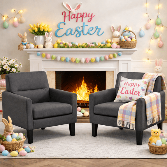 Modern Upholstered Accent Chair Set of 2, Mid Century Cozy Fabric Armchair with Button Tufted Back and Wood Legs, Comfy Reading Chair for Bedroom, Living Room, Office, or Cafe (Dark Grey)