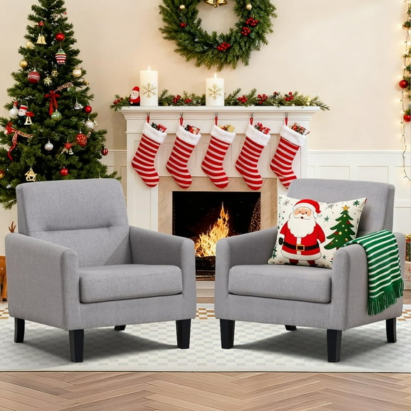 Modern Upholstered Accent Chair Set of 2, Mid Century Cozy Fabric Armchair with Button Tufted Back and Wood Legs, Comfy Reading Chair for Bedroom, Living Room, Office, or Cafe (Light Grey)