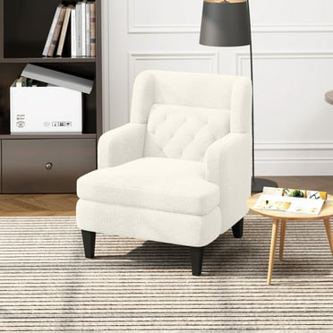 Modern Upholstered Accent Chair, Teddy Fleece Fabric Lounge Chair, Tufted Armchair, Comfy Single Sofa Chair for Living Room/Bedroom/Study/Apartroom, Beige