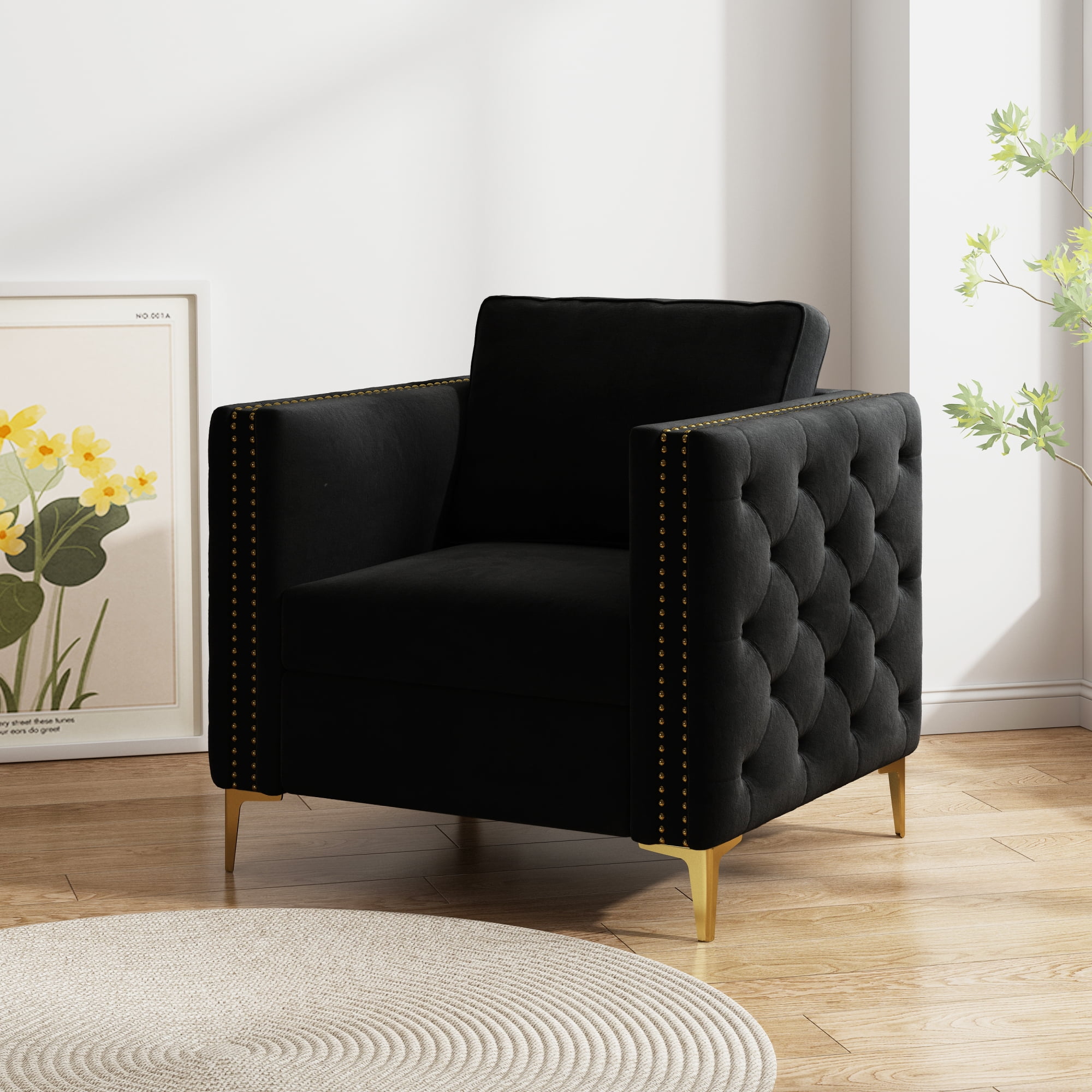 Modern Upholstered Accent Chair,Velvet Armchair with Rivet Design and Metal Leg,Single Sofa Chair for Living Room Bedroom Playroom,Black
