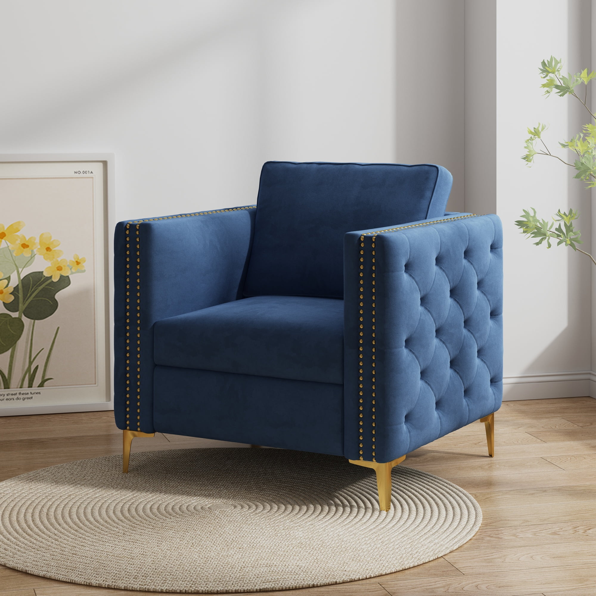 Modern Upholstered Accent Chair Velvet Armchair with Rivet Design and Metal Leg Single Sofa Chair for Living Room Bedroom Playroom Navy Blue