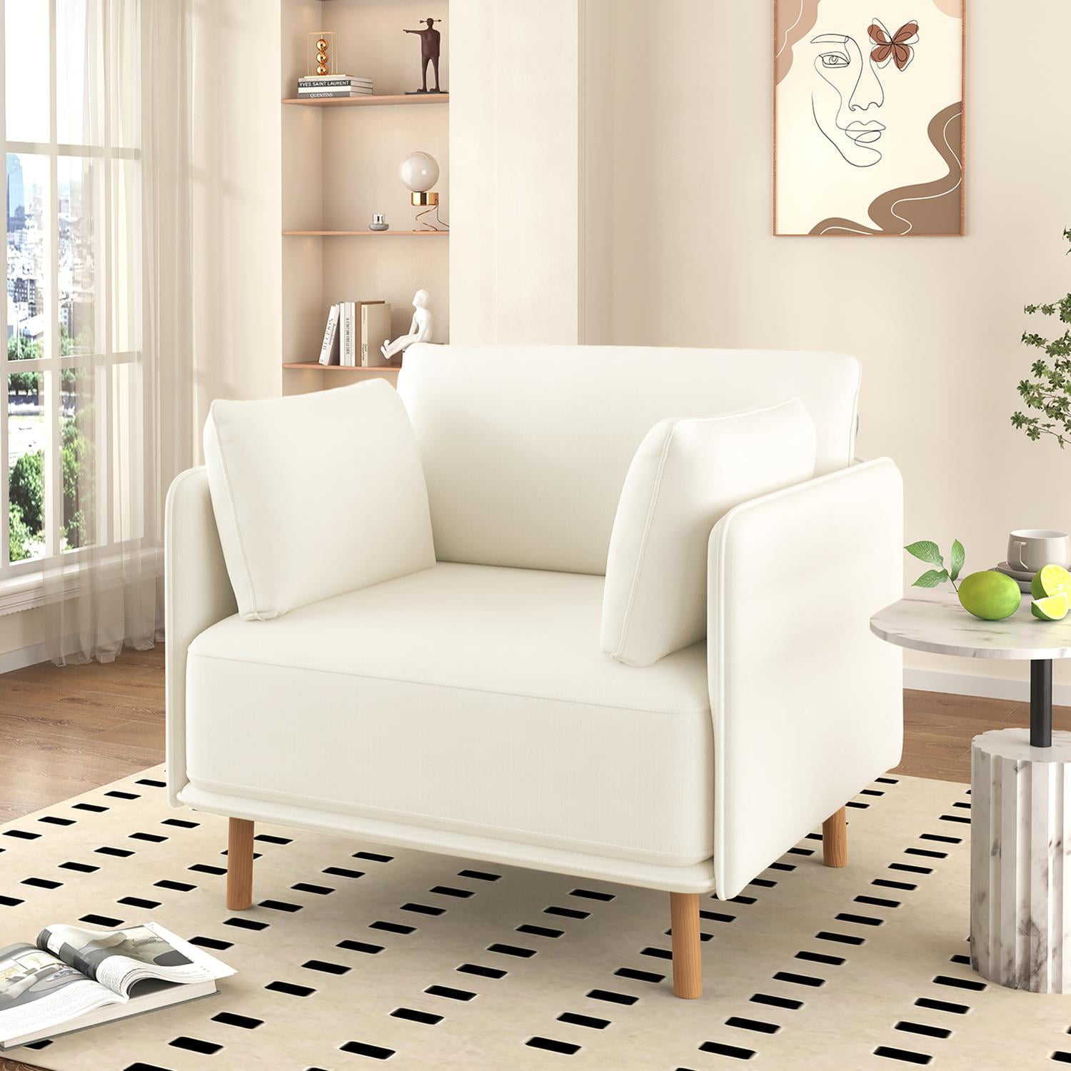 Modern Upholstered Accent Chair with 2 Pillow,Solid Wood Arm Reading Lounge Lazy Sofa for Living Room Bedroom,Guest Room,White