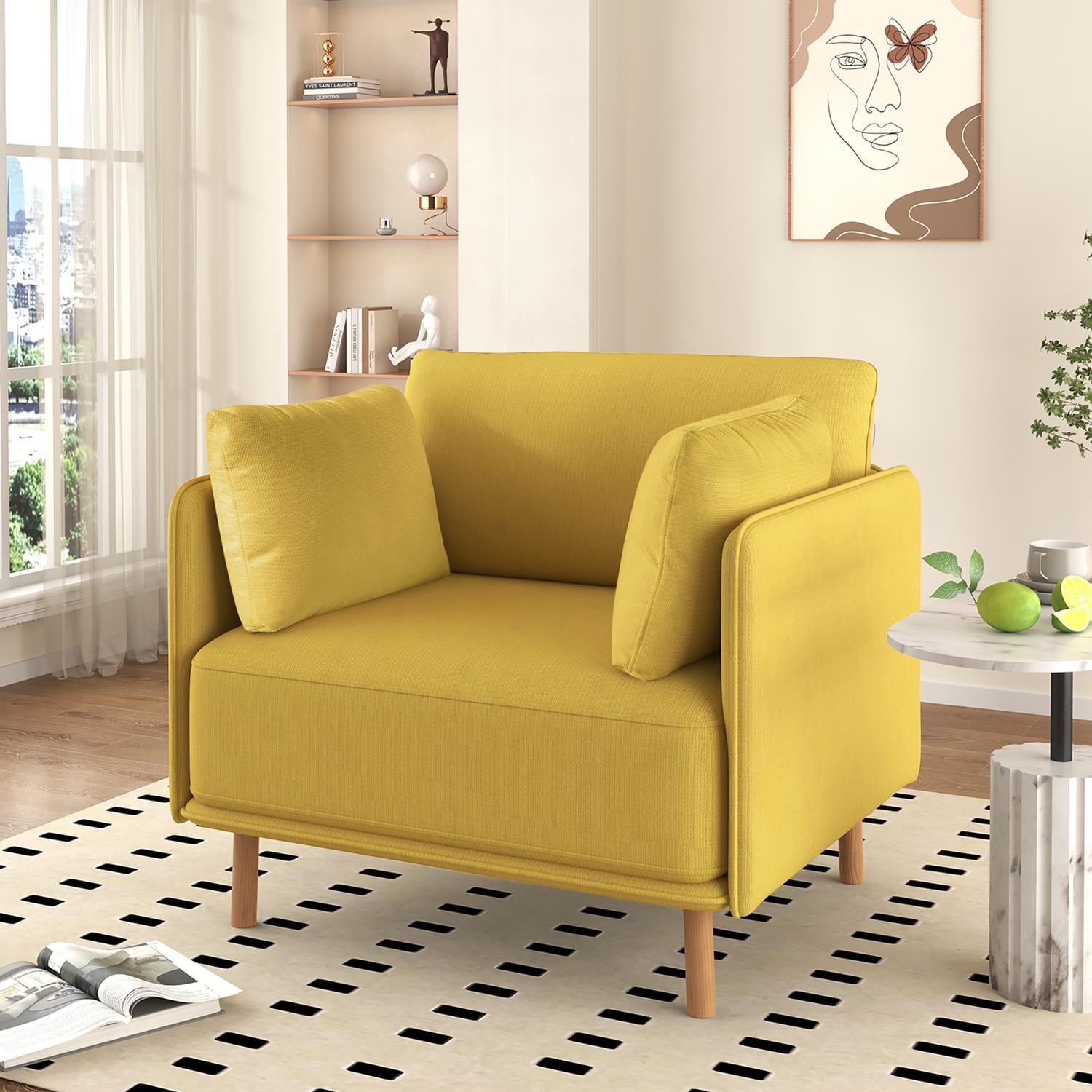 Modern Upholstered Accent Chair with 2 Pillow,Solid Wood Arm Reading Lounge Lazy Sofa for Living Room Bedroom,Guest Room,Yellow