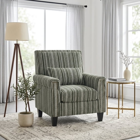 Modern Upholstered Accent Chair with Nailhead Trim, Green and White Striped Armchair