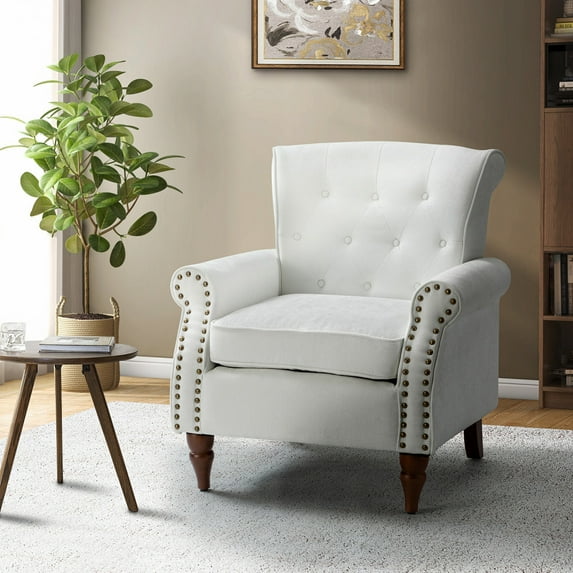 Modern Upholstered Armchair with Button tufted cushion, Comfy Not Distortion Accent Chair with Built-in S-spring, Easy Assemble Sofa Chair for Bedroom,Living Room and Office, Ivory
